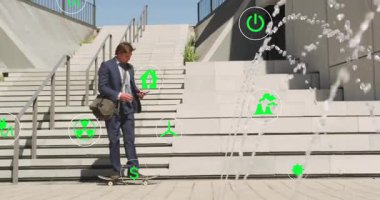 Fıskiyede kaykay yapmak, akıllı telefonları dinlemek, yüzen yeşil enerji simgelerini ortaya çıkarmak. Kentsel, çağdaş, dinamik, gösterişli, yenilikçi, motive edici, teknolojik