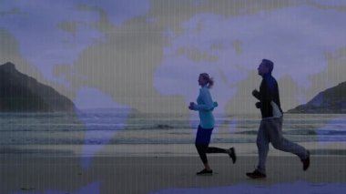 Dünya haritasının animasyonu ve denizde koşan Kafkasyalı yaşlı bir çiftin bağlantıları. Spor, sağlıklı, aktif yaşam tarzı, bağlantılar ve teknoloji konsepti dijital olarak oluşturulmuş video.