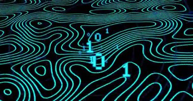 Turkuaz hatlardaki dalgaları başlatan ikili rakamlar dairesel ızgara düğümlerini açığa çıkarıyor. Gelecek, teknoloji, soyutlama, dijital, yenilik, siber, yüksek teknoloji