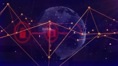 Noktalı küresel düğümlerin odaklanması ağ güvenlik simgeleri ve kod görüntüleme güvenliği oluşturuyor. Siber uzay, dijital, bağlantı, koruma, veri, şifreleme, teknoloji