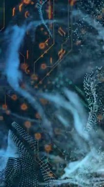 Soyut mavi ve turuncu arkaplanda dijital devre ve veri akışı animasyonu. Teknoloji, bağlantı, yenilik, gelecek, ağ, görselleştirme