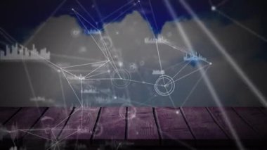Ahşap yüzey üzerindeki bağlantıların ve mavi gökyüzünde hızla hareket eden bulutların animasyonu. küresel ağ, bağlantılar, iletişim ve teknoloji konsepti dijital olarak oluşturulmuş video.