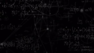 Matematiksel denklemlerin siyah arkaplan üzerindeki animasyonu. Küresel eğitim ve dijital arayüz kavramı dijital olarak oluşturulmuş video.