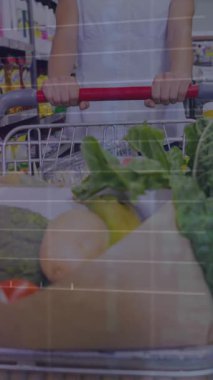 Alışveriş arabasında finansal veri işleme animasyonu. Alışveriş ve perakende iletişim konsepti dijital olarak oluşturulmuş video.