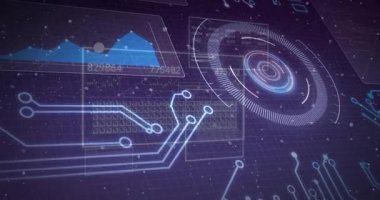 Mor şebeke üzerinde açılıyor, arayüz soluyor, grafik çiziyor, devreleri canlandırıyor, veri sunuyor. Gelecek, teknoloji, veri, görselleştirme, dijital, devre, animasyon
