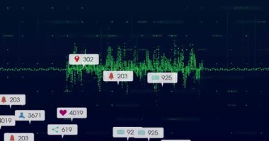 Toplumsal simgeler ortaya çıkarken, kümelenirken, görselleştirirken, karanlık ızgarada dijital dalga biçimi titreşiyor. Fütürist, teknoloji, ağ, veri, analitik, görselleştirme, soyut