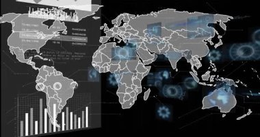 Karanlık arkaplan açılışı, grafikler ve veri akışları katmanlanırken dünya haritasının ana hatlarını ortaya çıkarır. Coğrafya, analitik, arayüz, görselleştirme, teknoloji, dijital, gelecekçilik