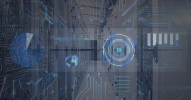 Başlangıçta sunucu koridorunda kayan UI panelleri, küre atımları, ağ izleme için güncellenen grafikler. Fütürist, dijital, modern, teknoloji, siber güvenlik, yenilik, sürükleyici