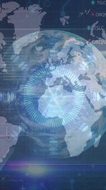 Animation of globe, data processing over world map. global business, finances, connections and data processing concept digitally generated video.