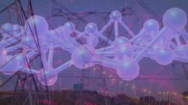 Başlangıçta ağ kafesi alacakaranlık silueti boyunca sürükleniyor ve kırmızı dalga biçimi titreşimi veri akışını gösteriyor. Dijital, teknolojik, fütüristik, bağlantı, altyapı, soyut, hareket