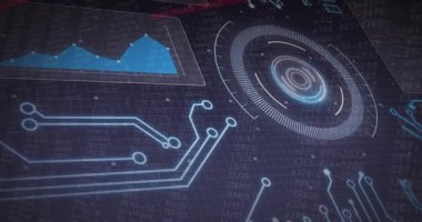 Devre çizelgesi, HUD animasyon taraması tarama kodunun görüntüleme verilerini taradığını gösteriyor. Teknoloji, veri görselleştirme, geleceksel, dijital arayüz, yenilik, siber, soyut