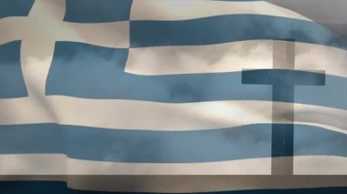 Dijital esinti Yunan bayrağını dalgalandırarak yarı şeffaf haç üzerinde dalgalar oluşturuyor. Vatanseverlik, milliyetçilik, tekstil, hareket, sembolizm, miras, kumaş