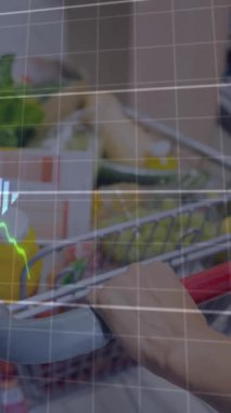 Animation of financial data processing over shopping cart. Global finances, connections, data processing and digital interface concept digitally generated video.