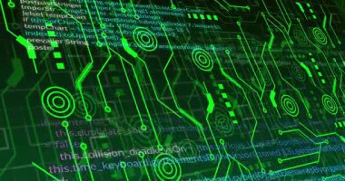 Başlangıçta, neon-yeşil devre titreşim düğümleri, çizgileri genişletme, veri akışını tasvir etmek için kaydırma kodu. Teknoloji, siber güvenlik, dijital, fütüristik, yenilik, soyut, ağ