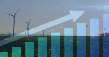 Çubuk çizelgesi rüzgâr tarlasında kayboluyor, parmaklıklar yükseliyor, çizgi büyümesi, ok yukarı doğru süpürülüyor. Yenilenebilir enerji, sürdürülebilirlik, veri görselleştirme, bilgi, dijital, yenilik, kırsal alan