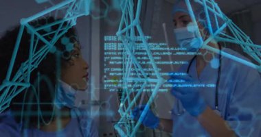 Doktorun örnek alıp boğazına sokması teşhis testini canlandıran moleküler grafikler. Tıbbi, sağlık, tanı, analiz, test, bilimsel, teknoloji