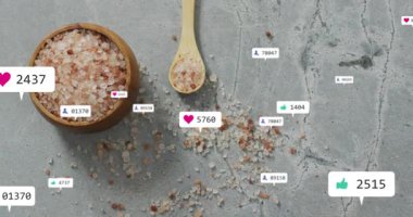 Kaşık üzerinde yüzen kalp simgesi tuz kasesinin etrafında yükselen açılır kapanmaz büyümeye başlıyor. Rustik, sağlık, farkındalık, sağlık, organik, doğa, sükunet