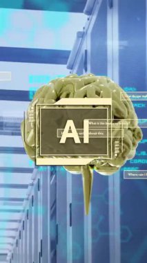 Bilgisayar sunucularında ai metin, beyin ve veri işleme animasyonları. Dijital olarak oluşturulmuş küresel yapay zeka, bağlantılar, hesaplama ve veri işleme kavramı.