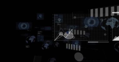 Başlangıçta analitik gösterge panelini oluştururken veri parçacıkları görünür, dönüşür, kayar, kaydırır. Grafikler, gösterge panelleri, analitik, veri görselleştirme, dijital, bilgi grafikleri, teknoloji