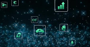 Karanlık yıldız alanı, sürdürülebilirliği görselleştirirken sürüklenen ve kayan neon yeşil simgeleri başlatıyor. Teknoloji, yenilik, dijital, çevre dostu, fütüristik, dinamik, enerji