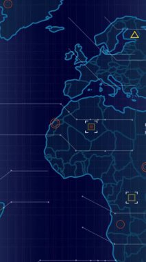 Dünya haritasında mavi gradyan arkaplan ile veri işleme animasyonu. Küresel ağ ve iş teknolojisi kavramı