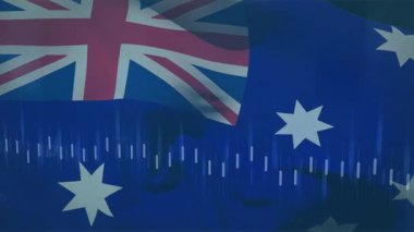 Avustralyalı bayrağın açılışı çerçeve doldurma çubukları, turuncu çizgi iz sürme eğilimleri gösteriyor. Ulusal ikonografi, veri görselleştirme, hareket grafikleri, dijital animasyon, vatansever sembolizm, eğilim analizi, iş zekası