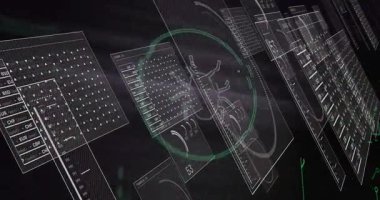 Başlangıçta ortaya çıkan paneller, dönen dairesel halka ve kötü amaçlı yazılım tespiti için tarama hatası. Siber güvenlik, veri görselleştirme, fütüristik, dijital arayüz, analitik, teknoloji, ağ