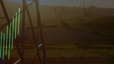 Günbatımı yağ pompasında Jack yükselen ve dalgalanan çok renkli çubuklar arasında veri büyümesini gösteriyor. Enerji, sanayi, analitik, teknoloji, görselleştirme, çevre, altyapı