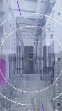 Animation of data processing over cityscape and computer servers. Global computing, data processing and networks concept digitally generated video.