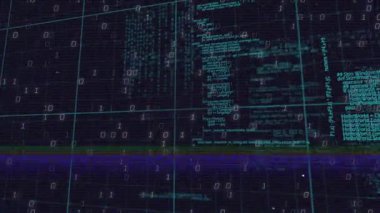 Mor-mavi arıza hattı yanıp sönüyor. Mavi kod sütunları ızgara üzerinde çözülmeye başlıyor. Siber güvenlik, dijital, fütüristik, teknoloji, veri analizi, soyut, yenilik