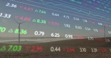 Başlangıçta rüzgar türbinleri yenilenebilir enerji piyasası değişimlerini gösteren veri örtüsüyle ortaya çıkıyor. Yenilenebilir, teknoloji, finans, sürdürülebilir, ekonomik, endüstriyel, gelecekçi