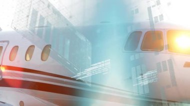 Şebeke yükselen jet gövdesi mavi çiçek süpürme çubuğu çizelgesi yükselen görsel analizler. Teknoloji, havacılık, veri görselleştirme, dijital, fütüristik, kurumsal, yenilik