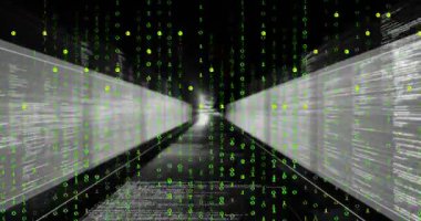 Binary digits cascading then camera gliding forward through 3D code tunnel visualizing data flow. Futuristic, technology, virtual, immersive, digital, abstract, cybersecurity