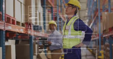 Supervisor monitoring AR inventory data while operator scanning boxes and updating warehouse stock. Inventory, logistics, industrial, technology, collaboration, efficiency, data