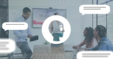 Presenter greeting and pointing tablet initiating AI overlays in business meeting then fading. Collaboration, teamwork, innovation, modernity, digital, professional, corporate