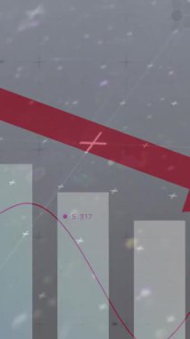 Kırmızı okun aşağıya bakan animasyonu, titreşen arka planda kaydedilen istatistikler. Dijital arayüz küresel bağlantı ve dijital olarak oluşturulan iletişim konsepti.