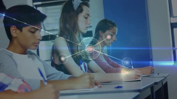 Animation of connections over diverse students learning at school. high school education connections and learning concept digitally generated video.