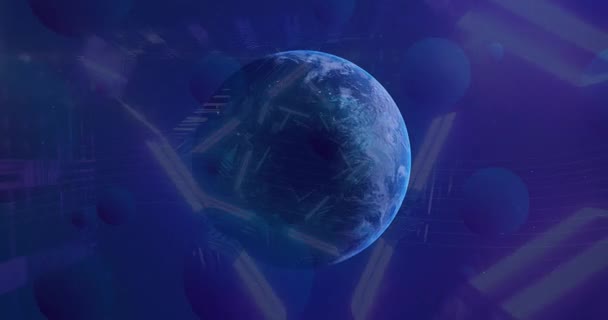 Animation of neon triangles spinning over earth globe and outer space. global connections data processing and digital interface concept digitally generated video.