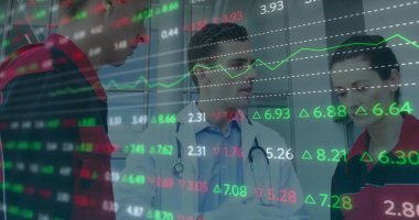 Medical team discussing strategy in hospital corridor, with stock overlay, jackets and lab coat. Healthcare, teamwork, emergency, analytics, data, professionalism, collaboration