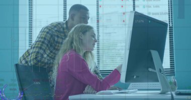 Collaborating woman in pink blazer and man in plaid shirt reviewing charts at office with computer. Corporate, teamwork, productivity, professional, analytics, digital, modern