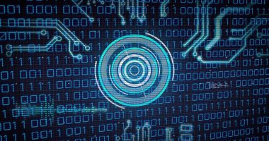 Sanal güvenlik arayüzündeki merkezi dairesel hedef ikili akışlar ve neon izleriyle taranıyor. Siber güvenlik, dijital, geleceksel, teknoloji, veri, ağ, neon