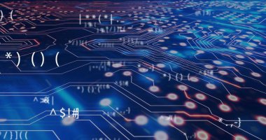 Sanal uzayda parlayan düğümlerle, yüzen kod sembolleri içeren neon devre izleri gösteriliyor. Teknoloji, siber uzay, veri, yenilik, dijital, fütürizm, bağlantı