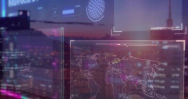 Sanal dünya haritasını, alacakaranlık şehir manzarası üzerinde, dünya grafikleri ve veri okumalarıyla yansıtıyorum. Fütüristik, teknoloji, dijital, kentsel, metropol, arayüz, yenilik