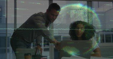 Collaborating professionals analyzing data overlays on office laptop with coffee cup, pencil holder. Business, teamwork, innovation, technology, modern, productivity, communication