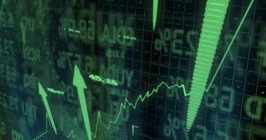 Ticaret arayüzü ızgarasında yükselen yeşil yukarı doğru ok gösteriliyor, sivri çizgi grafiği ile, kopyalama uzayı. Finansal, teknoloji, analitik, gösterge paneli, yatırım, pazar, dijital