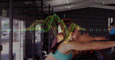 Performing six adults executing synchronized squats inside gym, with rig and waveform overlay. Fitness, strength, teamwork, exercise, health, motivation, wellness