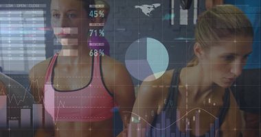 Running partners on treadmills wearing pink sports bra and grey top at gym, with digital overlay. Fitness, determination, vitality, modern, collaboration, health, athleticism