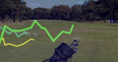 Resting black golf bag holding metal clubs on fairway, showing digital data overlays, copy space. Luxury, outdoor, precision, sport, analytics, technology, professional