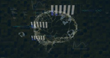 Parlayan düğümler ve yüzen veri grafikleriyle gelecekteki gösterge panelinde beyin ağı görüntüleniyor. Teknoloji, veri, yenilik, yapay zeka, dijital, analitik, görselleştirme