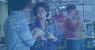 Brainstorming woman wearing plaid shirt holding tablet at tech office with holographic overlays. Collaboration, innovation, teamwork, modernity, productivity, creativity, startup